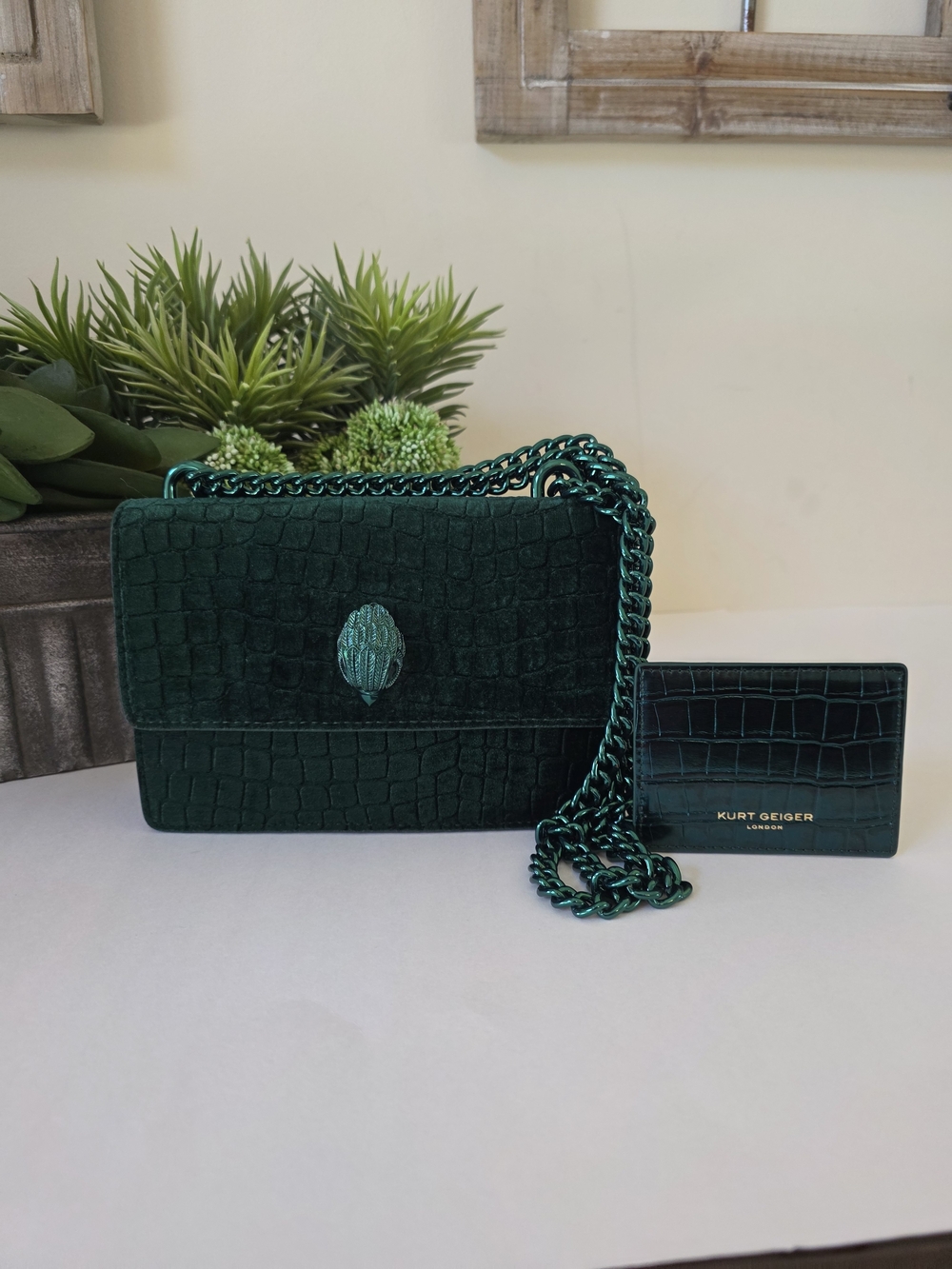 Kurt Geiger Shoreditch Small Emerald Green Velvet Crossbody Bag Mirror
